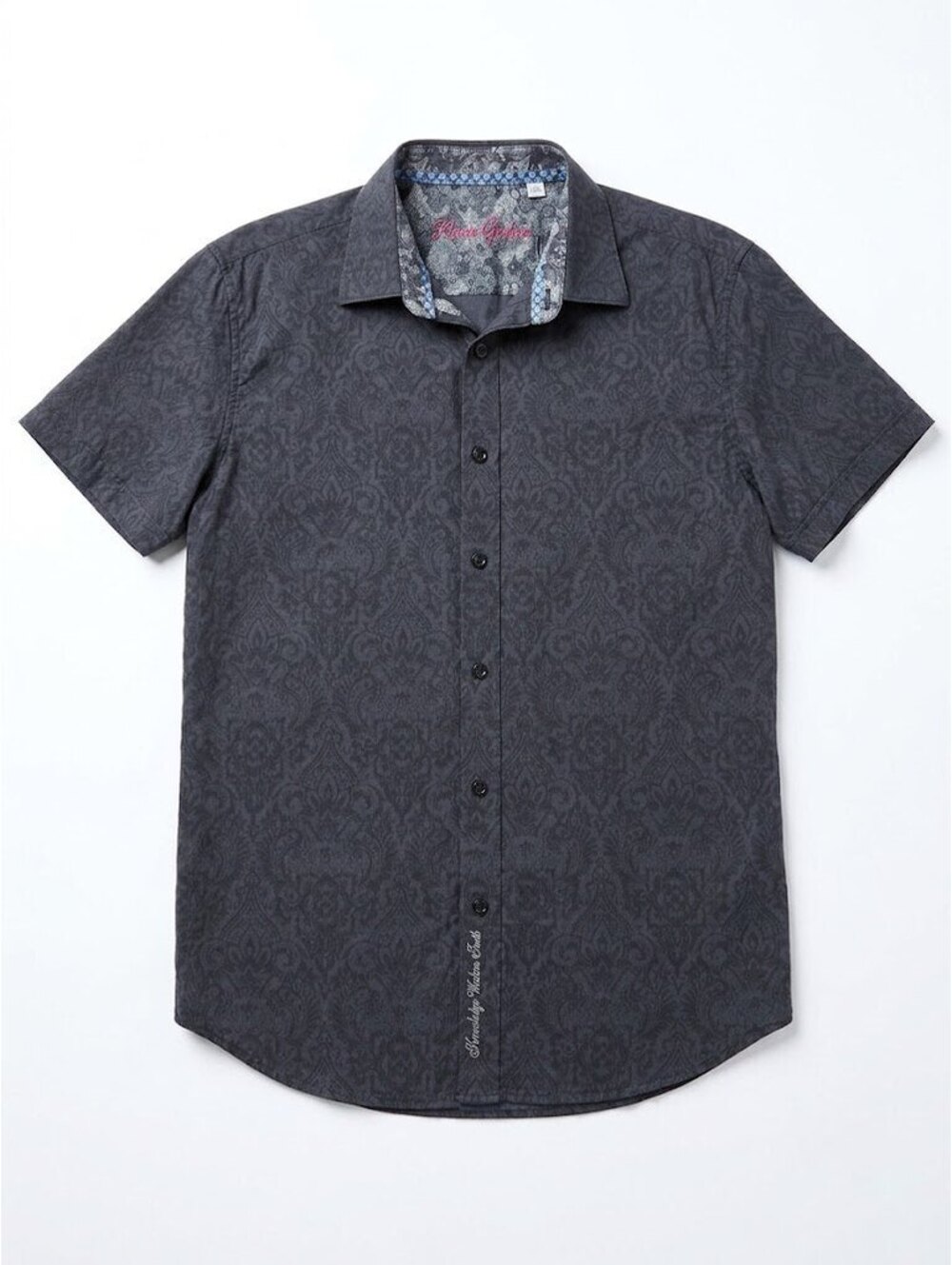 Robert Graham Shirt Mens M Charcoal Short Sleeve Cotton Damask Classic Fit